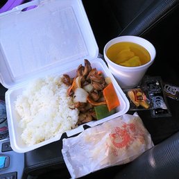 Bourbon chicken, white rice, and wonton soup.