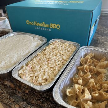 Ono Hawaiian BBQ - Catering, small tray of macaroni salad, the 12 piece of crab Rangoon, and medium tray of rice. - Hawaiian Near Me - Yucaipa, California Ono Hawaiian BBQ - Catering, small tray of macaroni salad, the 12 piece of crab Rangoon, and medium tray of rice. - Hawaiian Near Me - Yucaipa, California