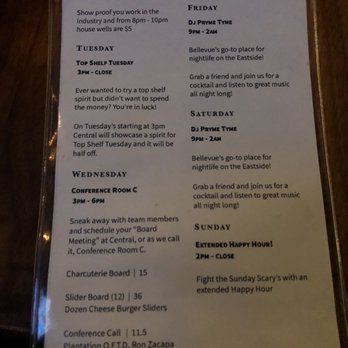 Central Bar + Restaurant - Weekly specials menu (December 2019) - American Near Me - Bellevue, Washington