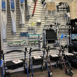 Display of rollators, crutches, and walkers. Bariatric, Adult, and Pediatric sizing available. Canadian crutches are also available.