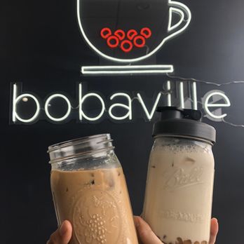 Bobaville - Left is coffee milk tea w boba  Right is almond tea w jasmine and boba - Coffee & Tea Near Me - Daly City, California