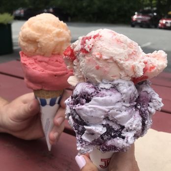 JJ's Ice Cream - Orange and watermelon Sherbet and cherry vanilla and blueberry 2-scoop cones - Ice Cream & Frozen Yogurt Near Me - Upton, Massachusetts