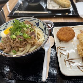 Marugame Udon - Nikutama Udon and a side of Pumpkin and Shrimp Tempura - Japanese Near Me - Toronto, Ontario Marugame Udon - Nikutama Udon and a side of Pumpkin and Shrimp Tempura - Japanese Near Me - Toronto, Ontario