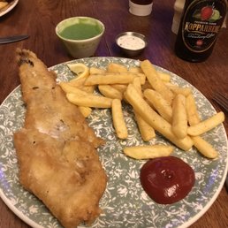 Fish and chips with peas and a strawberry lime cider Fish and chips with peas and a strawberry lime cider