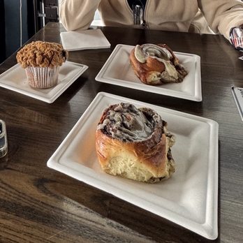 Dessert First - Cookies and cream cinnamon bun, lemon blueberry cinnamon bun and blueberry muffin - Desserts Near Me - Grasonville, Maryland