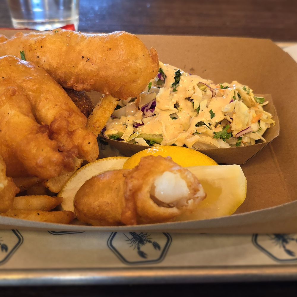 Fish and Chips with Hush Puppies, Cole Slaw.