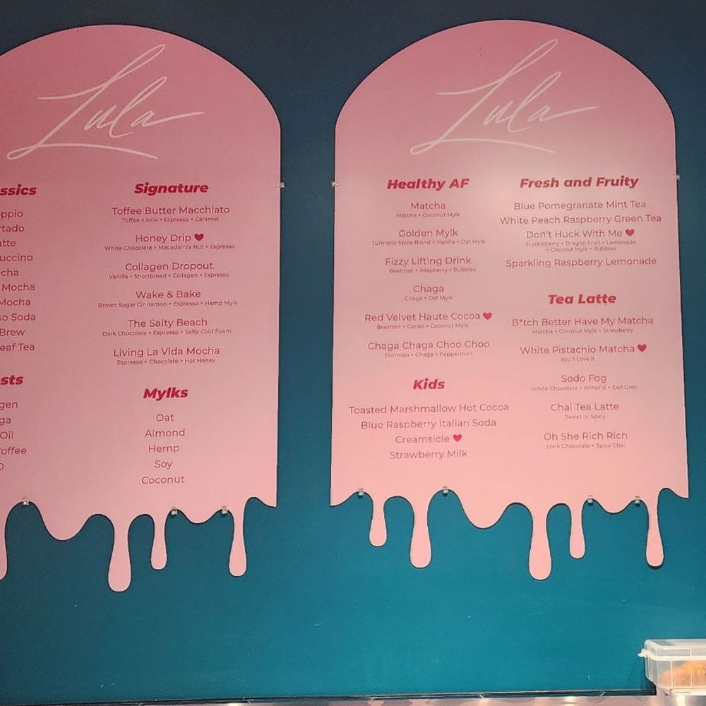 Lula Coffee - Menu w/assorted inventive beverages. Drive through window to left (11/19/23) - Coffee & Tea Near Me - Seattle, Washington