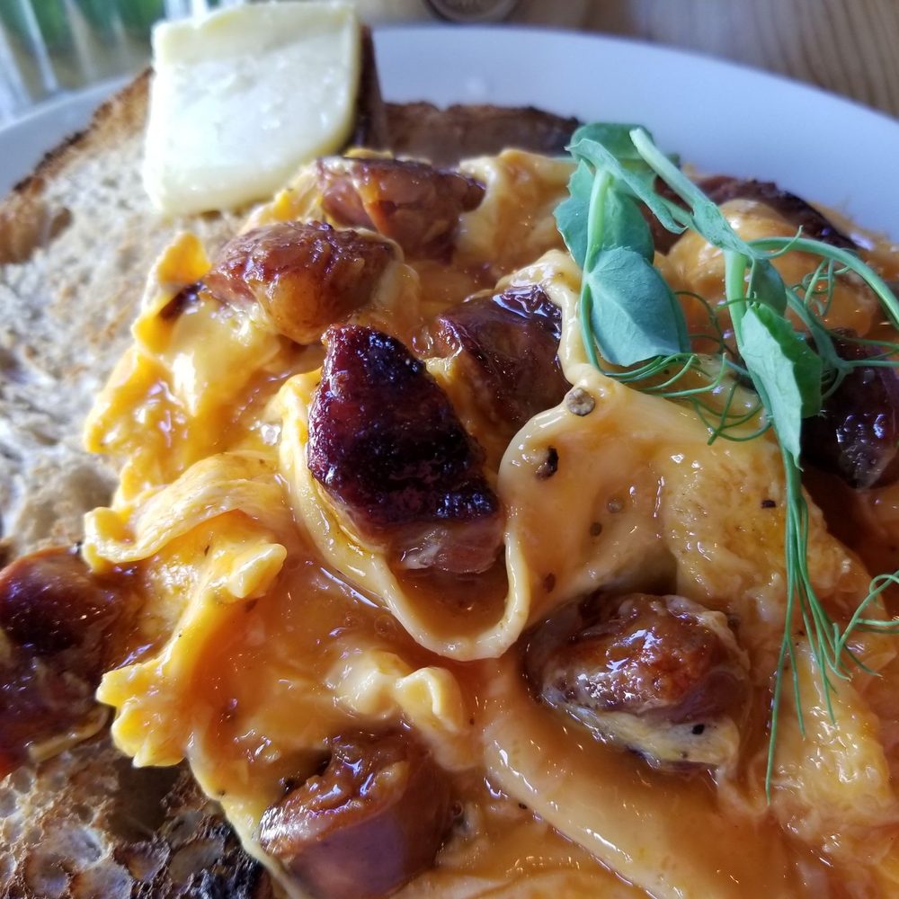 Bonjour Brioche - Up close, scrambled eggs w/ chorizo on sourdough bread. #Yum - Cafes Near Me - London, XGL Bonjour Brioche - Up close, scrambled eggs w/ chorizo on sourdough bread. #Yum - Cafes Near Me - London, XGL