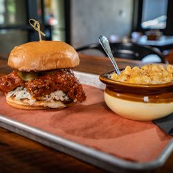 BurnDown - Honey sriracha chicken sandwich with a side of house-made mac n cheese