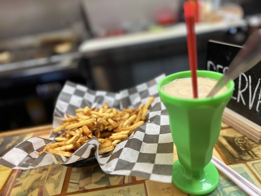 Photo of Sid's Diner - El Reno, OK, US. Chocolate malt and 1/2 order of fries