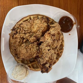 Dame's Chicken & Waffles - 2 Cutlet Sweet Potato Waffle Maple-Pecan Shmear Calypso Drizzle (Sauce) - Southern Near Me - Durham, North Carolina