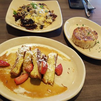 Snooze, an A.M. Eatery - Bacon, cheese and potato hash, OMG French toast, regular hash browns - Breakfast & Brunch Near Me - Gilbert, Arizona