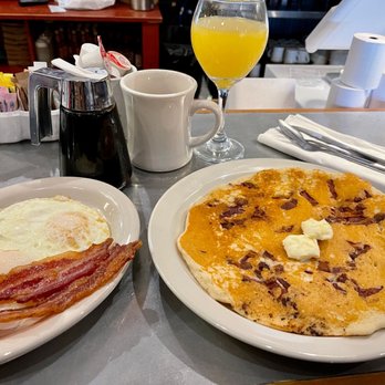 Fork and Spoon - Bacon Stuffed Pancake with side of eggs and bacon of course - New American Near Me - New Braunfels, Texas