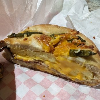 Manley’s Donuts - #5 breakfast bagel sandwich with bacon, egg, cheese on a jalapeno bagel (usually comes with jalapenos inside as well, but I don't need those - Donuts Near Me - Cupertino, California Manley’s Donuts - #5 breakfast bagel sandwich with bacon, egg, cheese on a jalapeno bagel (usually comes with jalapenos inside as well, but I don't need those - Donuts Near Me - Cupertino, California