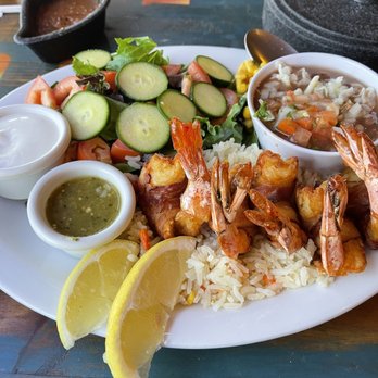 Mi Mexico Restaurant - Bacon-Wrapped Shrimp with bean, rice, salad and corn salsa. - Mexican Near Me - Bakersfield, California Mi Mexico Restaurant - Bacon-Wrapped Shrimp with bean, rice, salad and corn salsa. - Mexican Near Me - Bakersfield, California