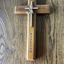 Baptismal wooden cross for our granddaughter; Azalea Jo