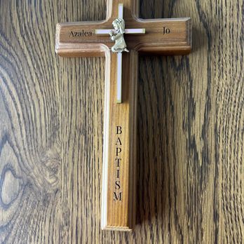 Show and Tell Tees - Baptismal wooden cross for our granddaughter; Azalea Jo - Screen Printing/T-Shirt Printing Near Me - Gilbert, Arizona