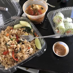 AMAZING basil fried rice, so-so veggie tom yum, and simple tasty salad rolls AMAZING basil fried rice, so-so veggie tom yum, and simple tasty salad rolls