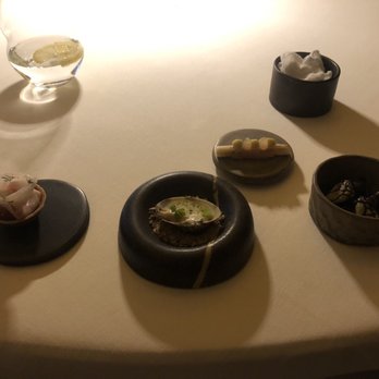 Feitoria Restaurant & Wine Bar - From left to right: tomato pastry puff, clams, and goose barnacles - Portuguese Near Me - Lisboa, 20