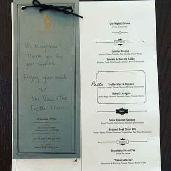 Trestle - Menu & lovely handwritten note - New American Near Me - San Francisco, California Trestle - Menu & lovely handwritten note - New American Near Me - San Francisco, California