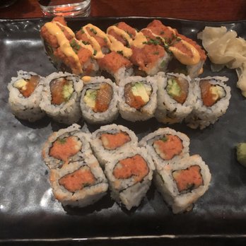 Raku - From top to bottom: deluxe spicy tuna, salmon california, spicy tuna - Asian Fusion Near Me - Bethesda, Maryland Raku - From top to bottom: deluxe spicy tuna, salmon california, spicy tuna - Asian Fusion Near Me - Bethesda, Maryland