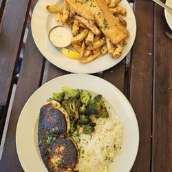 Blackened swordfish and fish and chips.