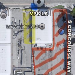 VPC LA - Blue area-entrance to VPC. Red area-paid parking for hotel. Yellow area-possible waiting if you arrive before the VPC opens.