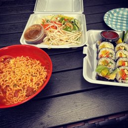 Spicy Pork Ramen, beef kimbap, and cold udon salad with homemade ginger dressing. Spicy Pork Ramen, beef kimbap, and cold udon salad with homemade ginger dressing.