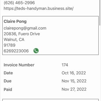 Ted's Handyman Services - This invoice was paid since October 16 but shown I paid on 11/27. - Handyman Near Me Ted's Handyman Services - This invoice was paid since October 16 but shown I paid on 11/27. - Handyman Near Me
