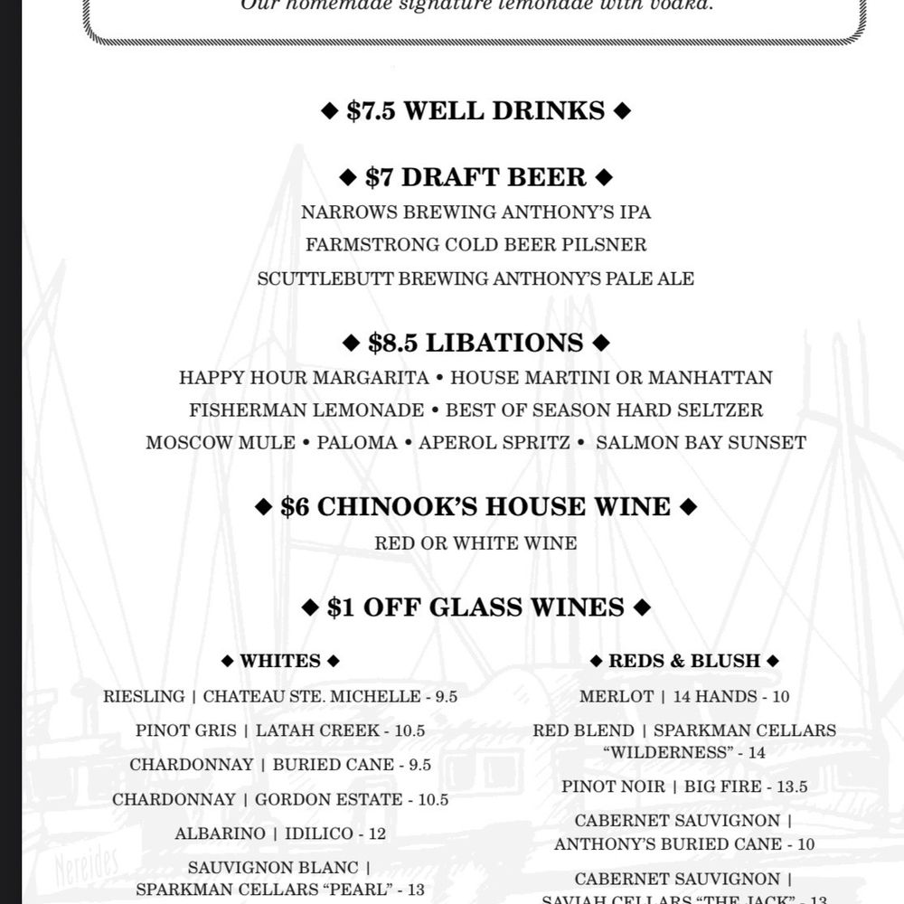 Chinook's - Happy hour menu May 2024 - Seafood Near Me - Seattle, Washington Chinook's - Happy hour menu May 2024 - Seafood Near Me - Seattle, Washington