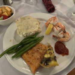 Wiggins Tavern at Hotel Northampton - Fruit salad, Biscuit with sausage gravy, shrimp cocktail, mushroom quiche, salmon and green beans