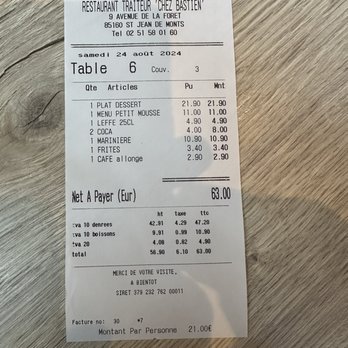 Restaurant Chez Bastien - Addition : 2 adultes et 1 enfant - Restaurants Near Me - St Jean de Monts, 85 Restaurant Chez Bastien - Addition : 2 adultes et 1 enfant - Restaurants Near Me - St Jean de Monts, 85