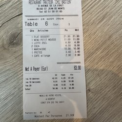 Restaurant Chez Bastien - Addition : 2 adultes et 1 enfant