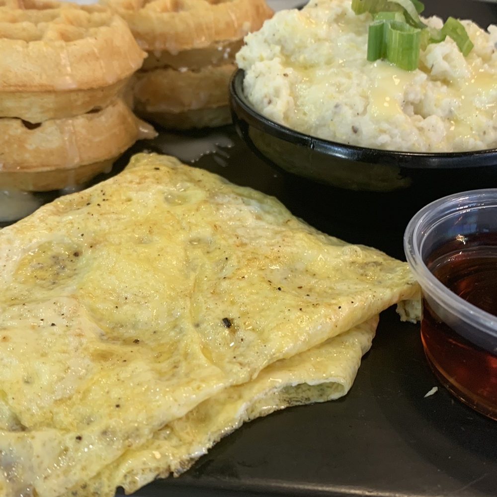 The Friend's Table - cornbread waffle platter with grits instead of meat - New American Near Me - Fayetteville, North Carolina The Friend's Table - cornbread waffle platter with grits instead of meat - New American Near Me - Fayetteville, North Carolina