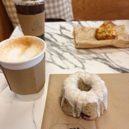 Gluten free blueberry lemon Bundt cake Cappuccino  Cold brew  Cheddar scone