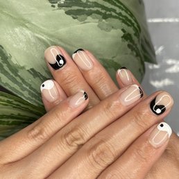 Yin Yang nail art, black/white french tip with natural gel