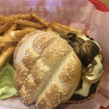 Badger Cafe - Hamburger with Swiss cheese, grilled onions & grilled mushrooms ! Only 5.99 (a little extra for mushrooms & onions) - New American Near Me - Las Vegas, Nevada