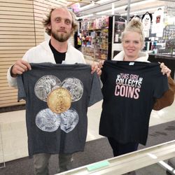 American Coin Collection Shop - Customer purchased shirts. Friendly couple. $35 each shirt Great merchandise