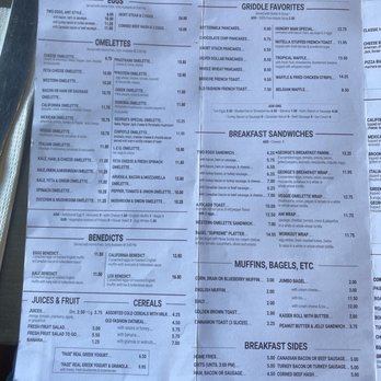 George's - Menu - The menu lists breakfast options such as eggs, omelettes, and pancakes, along with breakfast sandwiches, sides, and beverages. It includes prices for items like cheese omelette, Greek omelette, pancakes, and breakfast sandwiches. The menu is divided into sections with headings like 'Eggs,' 'Omelettes,' 'Griddle Favorites,' and 'Breakfast Sandwiches,' and provides additional options and add-ons for each dish. The menu is printed on a single sheet with a simple layout. - Diners Near Me - Brooklyn, New York