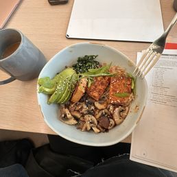 Korean power bowl with tofu and a drip coffee Korean power bowl with tofu and a drip coffee