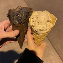 Midnight cocoa with chocolate waffle cone & hazelnut chip with waffle cone Midnight cocoa with chocolate waffle cone & hazelnut chip with waffle cone