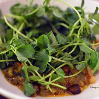 Dirt Candy - Vegan mapo eggplant with baby bok choi, baby pea shoots and eggplant sformata - Vegetarian Near Me - New York, New York
