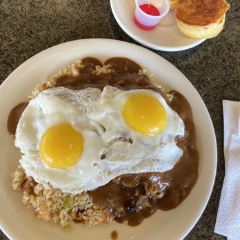 Liliha Bakery - 7oz loco moco with fried rice (comes with buttered bread and jelly) - Bakeries Near Me - Honolulu, Hawaii