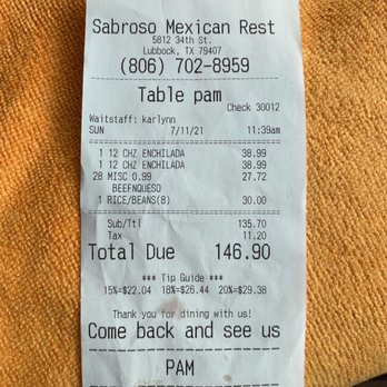 Sabroso and The Alibi Bar 2 - Receipt - Mexican Near Me - Lubbock, Texas