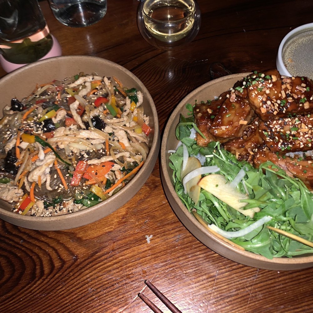 Jeju Restaurant - Japchae on left and Sung style back ribs on rice. - Korean Near Me - Tofino, British Columbia Jeju Restaurant - Japchae on left and Sung style back ribs on rice. - Korean Near Me - Tofino, British Columbia