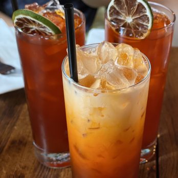 Mahaniyom - Thai Ice Tea! Two with lime and the other one with milk - the lime was refreshing and the milk is creamier - Cocktail Bars Near Me - Brookline, Massachusetts