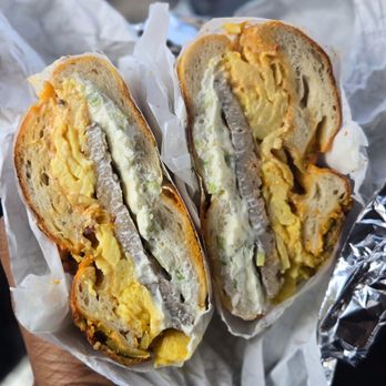 Baltik's Bagel - "River City Sunrise" with Sausage, Scrambled Eggs, Melted Cheddar, & Scallion Cream Cheese on an Jalepeño Cheddar Bagel - Bagels Near Me - Richmond, Virginia Baltik's Bagel - "River City Sunrise" with Sausage, Scrambled Eggs, Melted Cheddar, & Scallion Cream Cheese on an Jalepeño Cheddar Bagel - Bagels Near Me - Richmond, Virginia