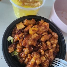 orange chickem lunch with white rice on side and egg drop soup. just $14ish for all this food. cant complain. best bang for the price
