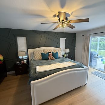 Wicked Woodworking - Abstract paneled wall in master bedroom - Carpenters Near Me Wicked Woodworking - Abstract paneled wall in master bedroom - Carpenters Near Me
