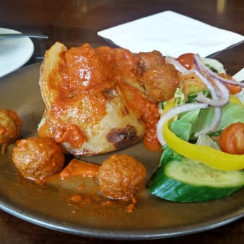 Blackshaw's Cafe - Jacket potato with Spanish meat balls. - Cafes Near Me - Stockport, SKP Blackshaw's Cafe - Jacket potato with Spanish meat balls. - Cafes Near Me - Stockport, SKP